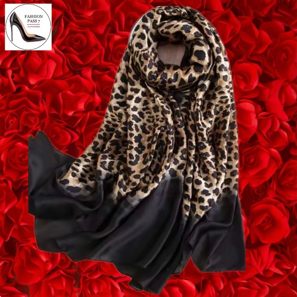 Luxury 100% SILK SATIN Large Shawl Leopard Print Scarf Animal Print Wrap Coverup
